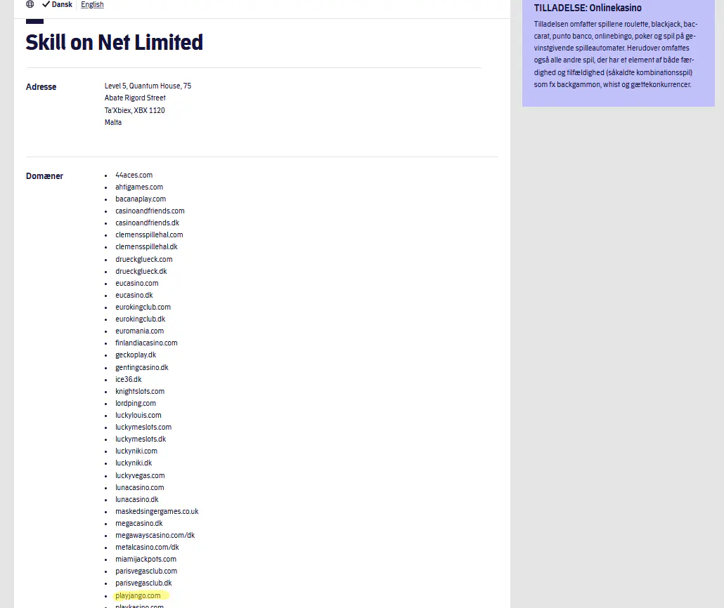 Skærmbillede af Skill on Net Limited i Spillemyndighedens register